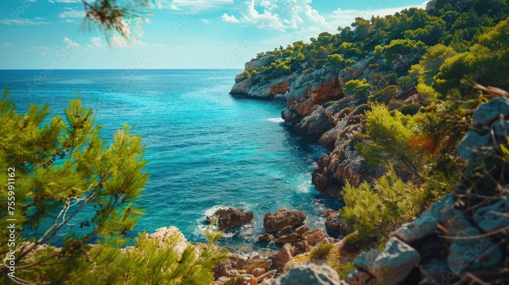 Fototapeta premium A scenic view of the ocean from a high cliff. Suitable for travel and nature concepts.