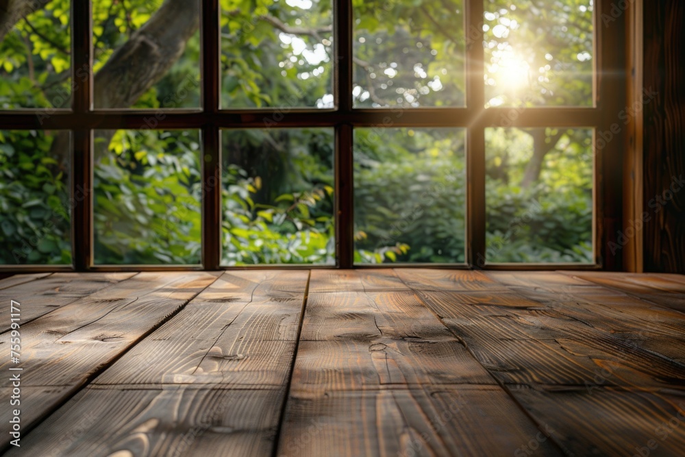 A wooden table with a window in the background. Suitable for interior design concepts. A wooden table with a window in the background. Suitable for interior design concepts.