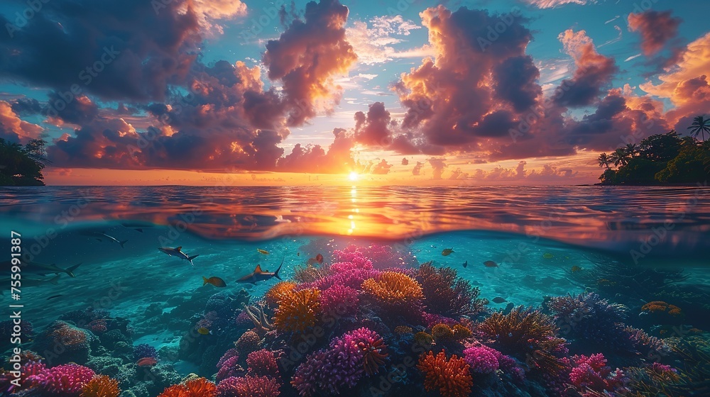 beautiful seaview waterline waves in a shallow and sharks swimming by corals - obrazy, fototapety, plakaty 