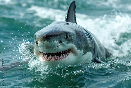 A plus four meter great white shark jumping out of the water with an open mouth full of teeth © Vasiliy