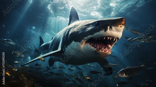 A very scary white shark with an open mouth in the ocean. A cinematic attack