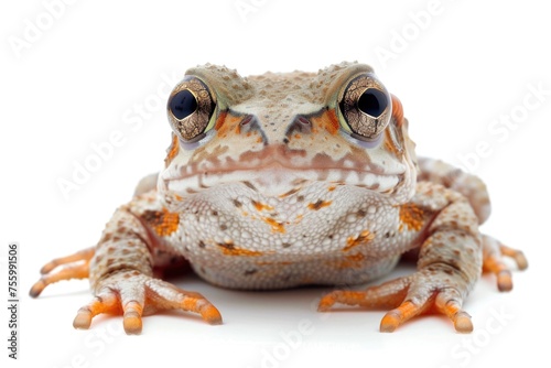 A close up of a frog on a white surface. Perfect for educational materials.