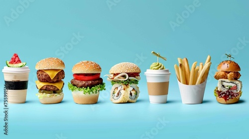A row of food items and drinks, including a hamburger, a salad, a sandwich, a cup of coffee, a cup of tea, a cup of juice, a cup of soda, a cup of milk, a cup of water, a photo
