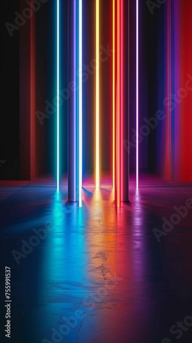 A series of neon colored lights are lined up in a row
