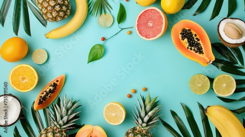 A variety of tropical fruits arranged in a circle. Suitable for food and nutrition concepts.