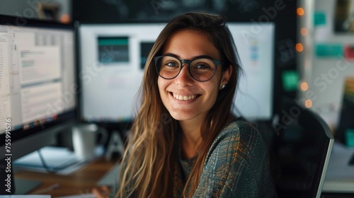 A woman is smiling and sitting at a desk with two computer monitors. She is wearing glasses and she is happy