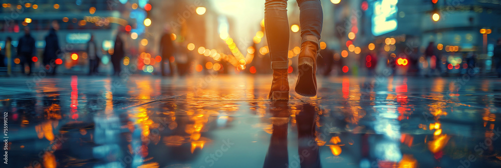 City streets after rain at twilight, glowing reflections on wet pavement, capturing urban life, movement, and vibrant nightlife