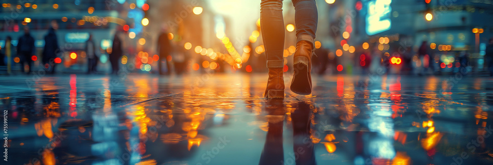 Obraz premium City streets after rain at twilight, glowing reflections on wet pavement, capturing urban life, movement, and vibrant nightlife
