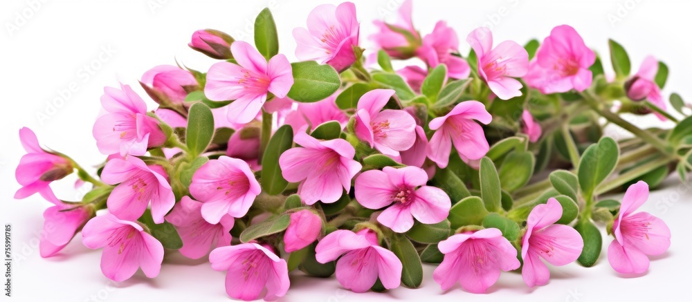 A collection of pink flowers with green leaves blooming on a white background. The blossoms showcase a vibrant magenta color, adding a touch of beauty to the terrestrial plant groundcover