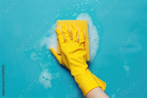 A person in yellow rubber gloves cleaning a blue surface. Suitable for cleaning service advertisements.