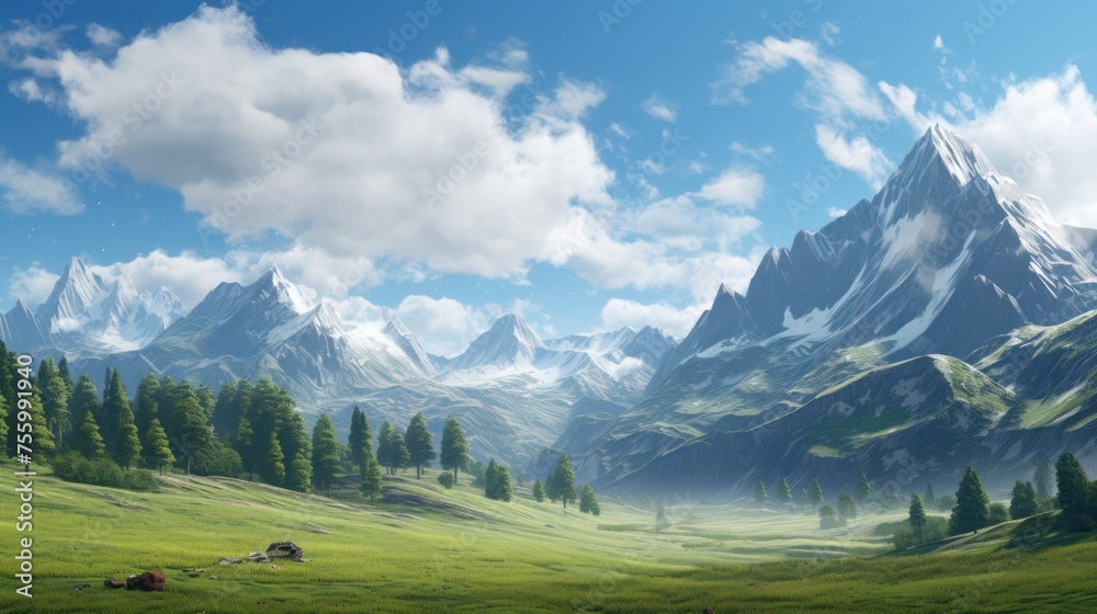 Green valley, forest, and snow-capped mountains create idyllic scene