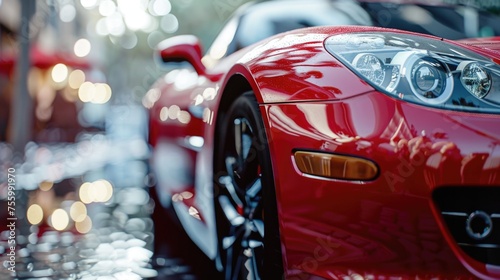 Red sports car parked on wet street. Suitable for automotive and transportation concepts. © Fotograf
