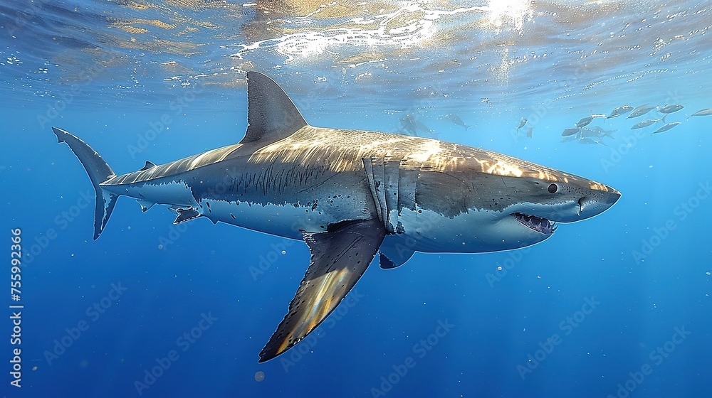 Naklejka premium Great white shark with its main four fins swimming under sun rays in the blue Pacific Ocean