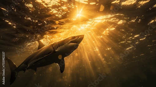 Great white shark with its main four fins swimming under sun rays in the blue Pacific Ocean