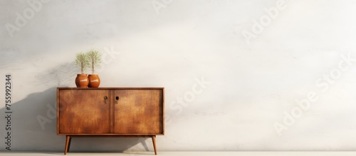 A wooden cabinet with two vases placed on top of it stands in front of a white wall, adding elegance to the room. The rectangular piece of furniture complements the rooms decor
