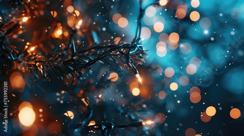 A close up of a Christmas tree with lights in the background. Perfect for holiday designs.