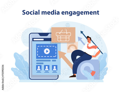 Social Media Engagement. Dynamic illustration of a social media strategist increasing brand.
