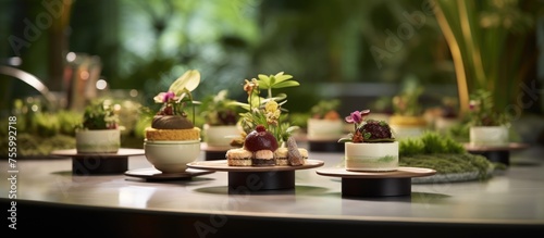 A collection of houseplants in flowerpots displayed on a table  creating a natural landscape indoors. The small terrestrial plants add a touch of art to the room