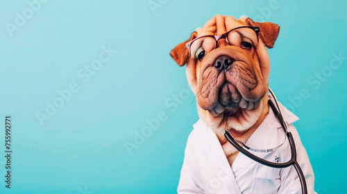 World Veterinary Day. Sharpie dog with a stethoscope and glasses dressed as a vet isolated on blue background with place for text.Dog at a veterinary clinic. The concept of pet care. photo