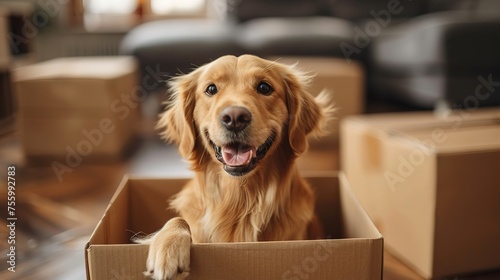Photo of pedigree cute dog poses on pile of cardboard boxes, relocate in new flat © Vasiliy