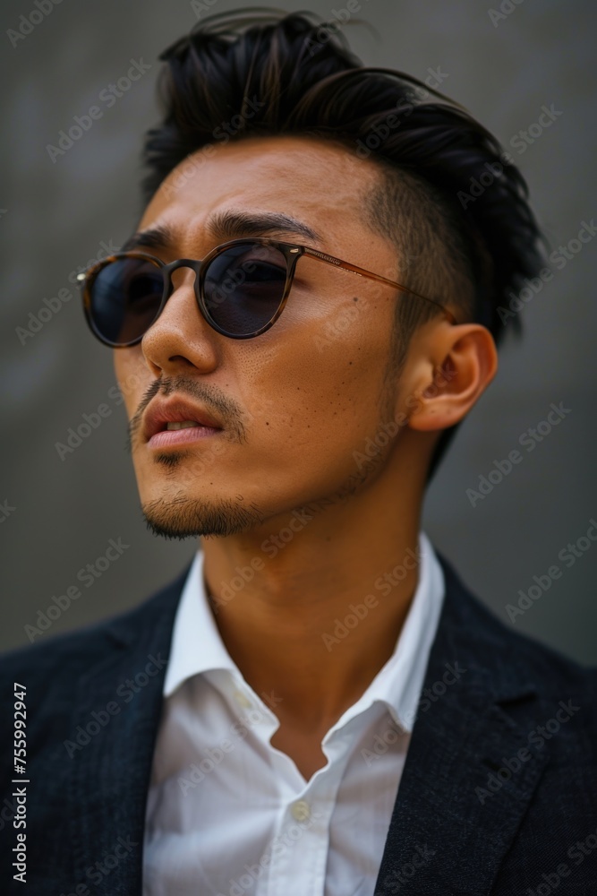 A man wearing sunglasses and a white shirt. Suitable for fashion and lifestyle themes. A man wearing sunglasses and a white shirt. Suitable for fashion and lifestyle themes.