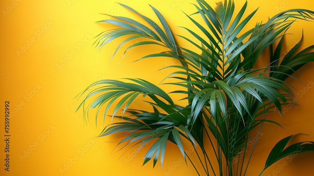 An illustration of chamaedorea elegans, a bamboo palm, on a yellow background with its leaves.