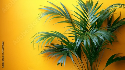 An illustration of chamaedorea elegans  a bamboo palm  on a yellow background with its leaves.