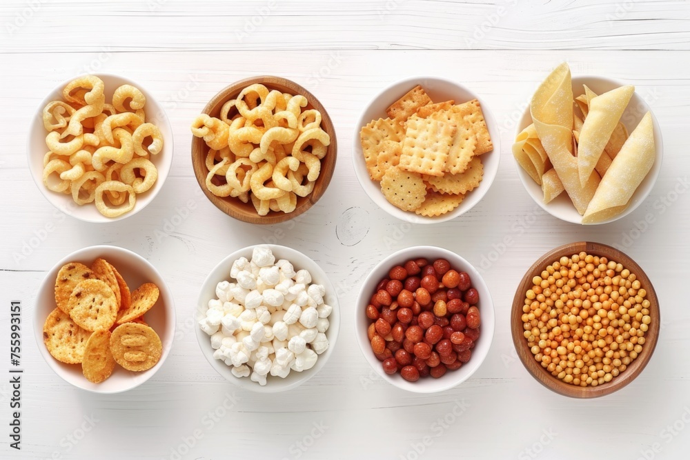 Several bowls of food arranged on a table. Ideal for food blogs or restaurant menus. Several bowls of food arranged on a table. Ideal for food blogs or restaurant menus.