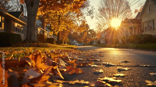 Sunlight filtering through leaves on a street. Suitable for nature and urban themed designs.