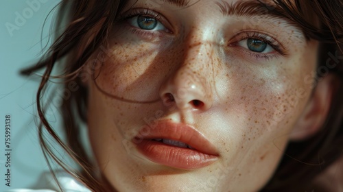 Close-up of a woman with freckles, suitable for beauty and skincare concepts.