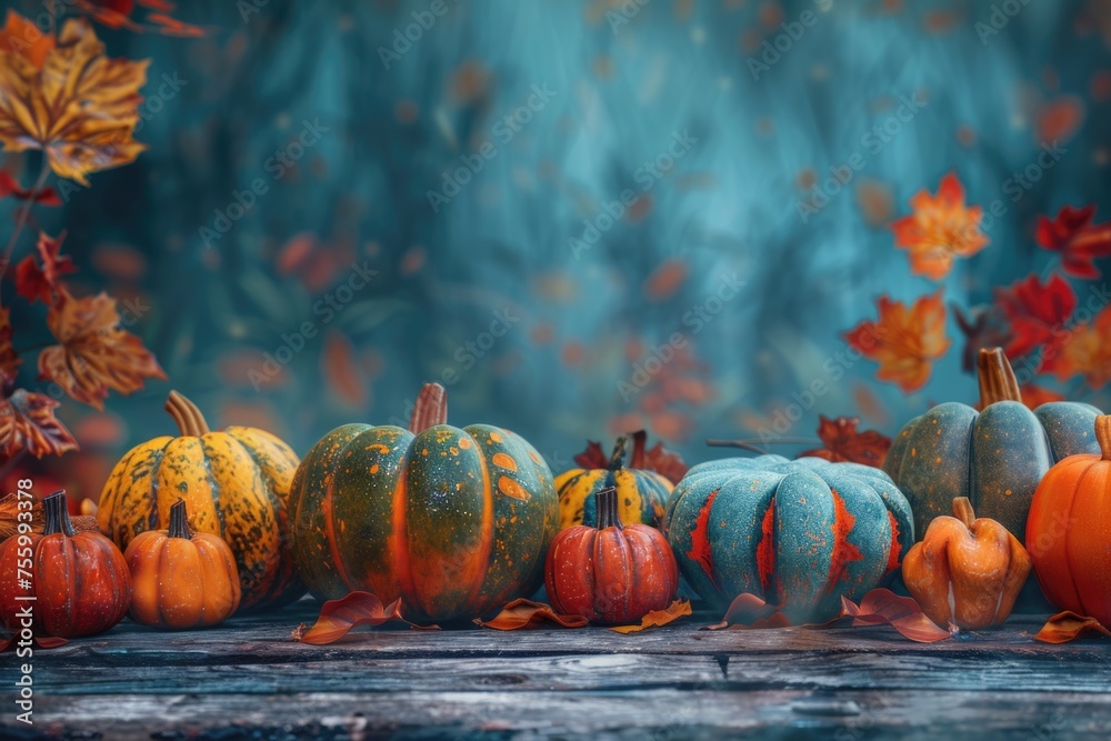 Group of pumpkins sitting on a wooden table, perfect for autumn and harvest themed designs. - obrazy, fototapety, plakaty 