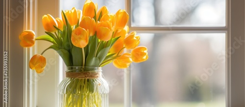 Tulips arranged in a glass jar beside a window. Yellow tulips under natural light.