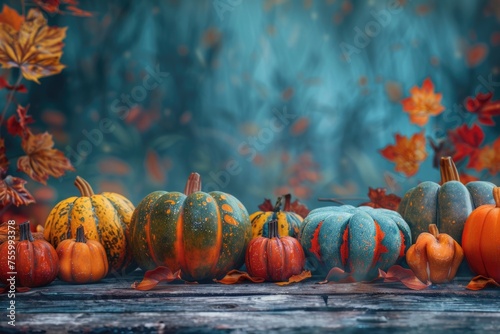 Group of pumpkins sitting on a wooden table, perfect for autumn and harvest themed designs.
