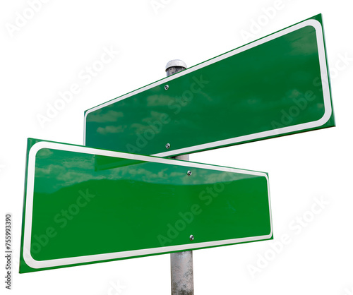 Blank 2 Way Green Road Sign Ready for Your Concepts. Transparent PNG.