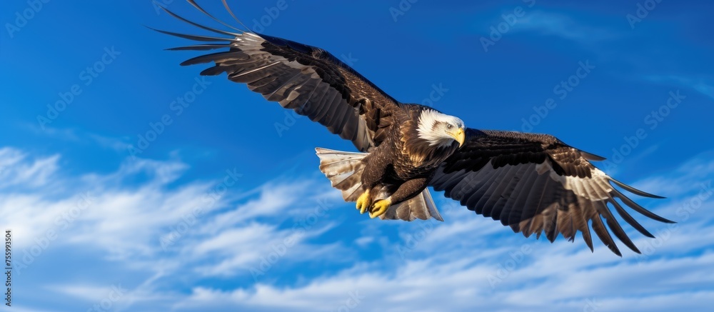 Obraz premium A majestic bald eagle, a sea eagle from the Accipitridae family of birds of prey, soars through the blue cloudy sky with its sharp beak and keen eyesight as it searches for prey