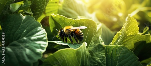 A pollinator bee is perched on a green leaf of a terrestrial plant, possibly a flowering plant or herb. The scene could be captured in a macro photography event or used as inspiration for nature art