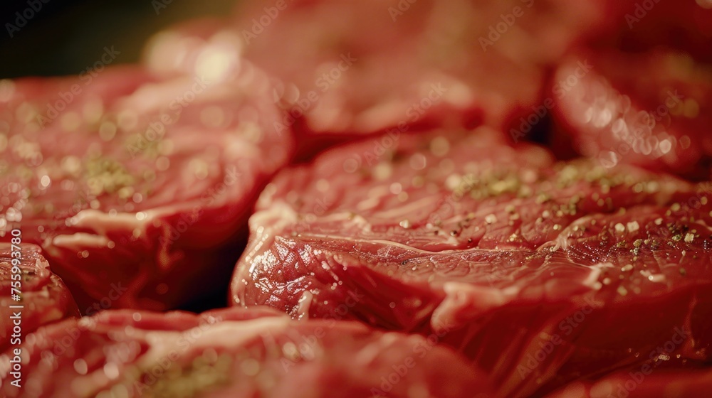 Raw meat piled on a table, suitable for food and cooking themes.