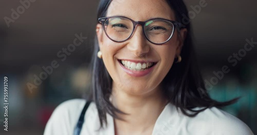 Happy, face and business woman in office, company or workplace for creative agency. Portrait, smile and female employee with positive mindset, confidence and job motivation for corporate success photo