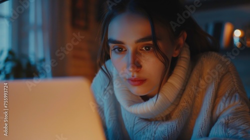 A woman looking at a laptop screen in a dark room. Ideal for technology concepts.