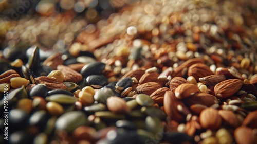 Various nuts and seeds arranged on a table, suitable for food and nutrition concepts.