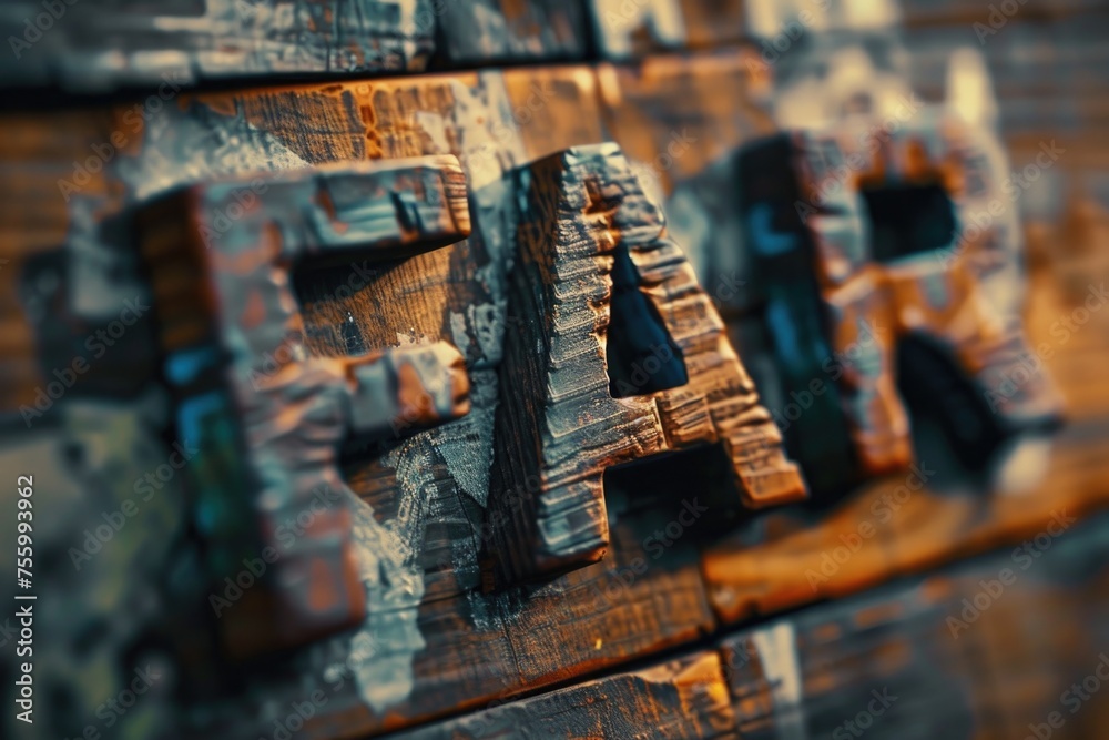 Close up of wooden letters on a wall, suitable for various design projects.