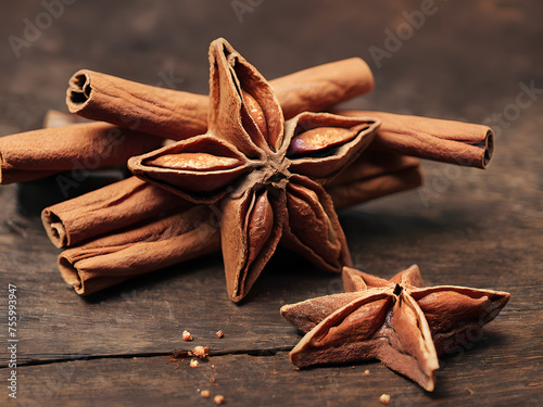 Cinnamon sticks with anise stars isolated on wooden surface or table. Spices concept. AI Generated