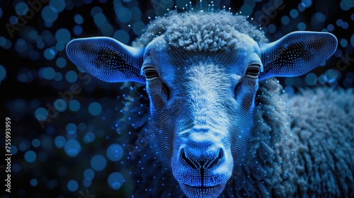 Close up of a sheep's face with blue lights in the background. Great for farm or animal themed designs.