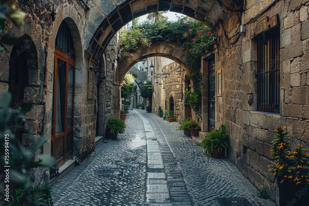 A picturesque scene of a stone arch on a narrow cobblestone street. Perfect for travel blogs or historical articles.