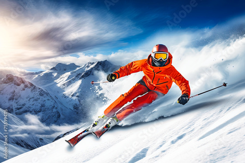 Alpine skier skiing downhill panoramic format