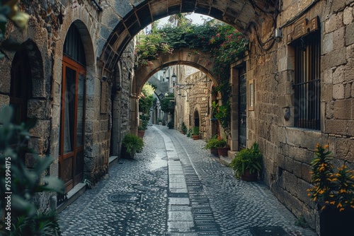 A picturesque scene of a stone arch on a narrow cobblestone street. Perfect for travel blogs or historical articles. © Fotograf