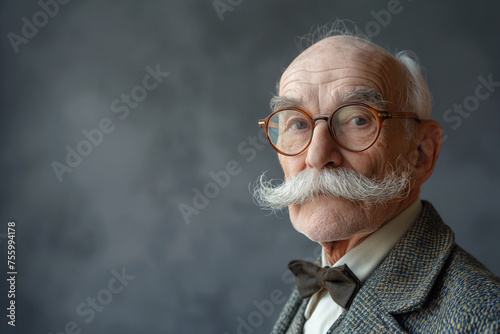 Distinguished gentleman with mustache, vintage style, gray background photo