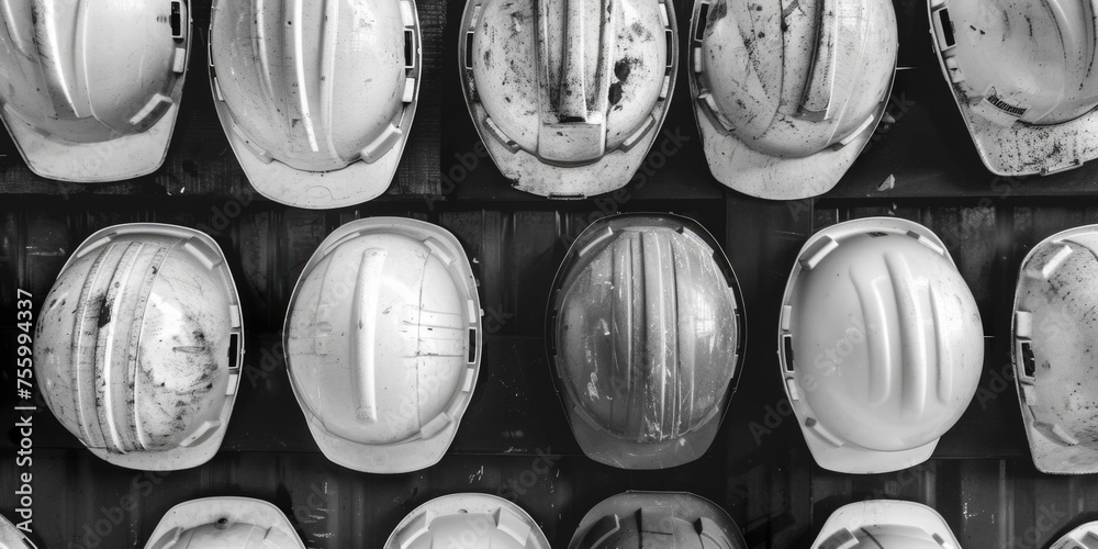 A black and white photo of a bunch of hard hats. Suitable for construction industry projects. - obrazy, fototapety, plakaty 