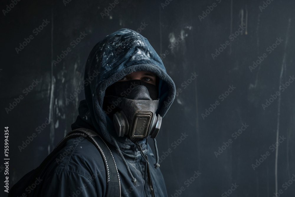 Mysterious Person in Hoodie and Respirator on Dark Background