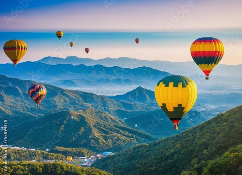 a group of hot air balloons flying over a valley and mountains at sunset or sunrise